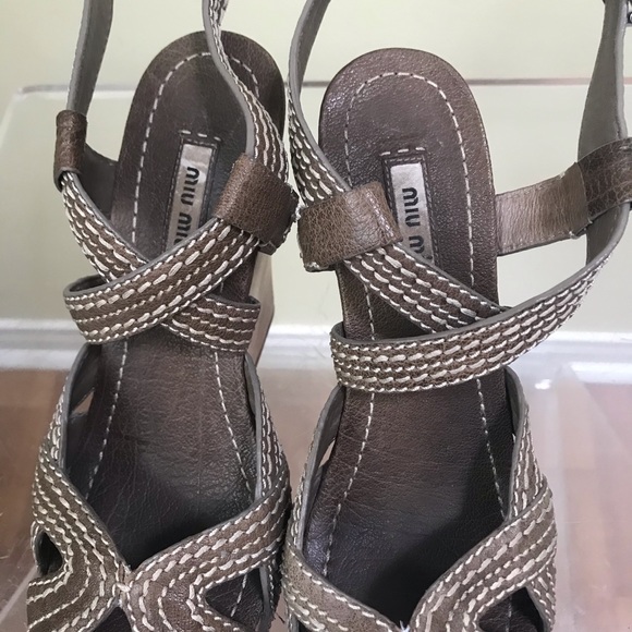 MIU MIU Strappy Leather Platform Wedge Heel Sandals Stitch Wood Ankle Strap Shoe - Picture 5 of 16